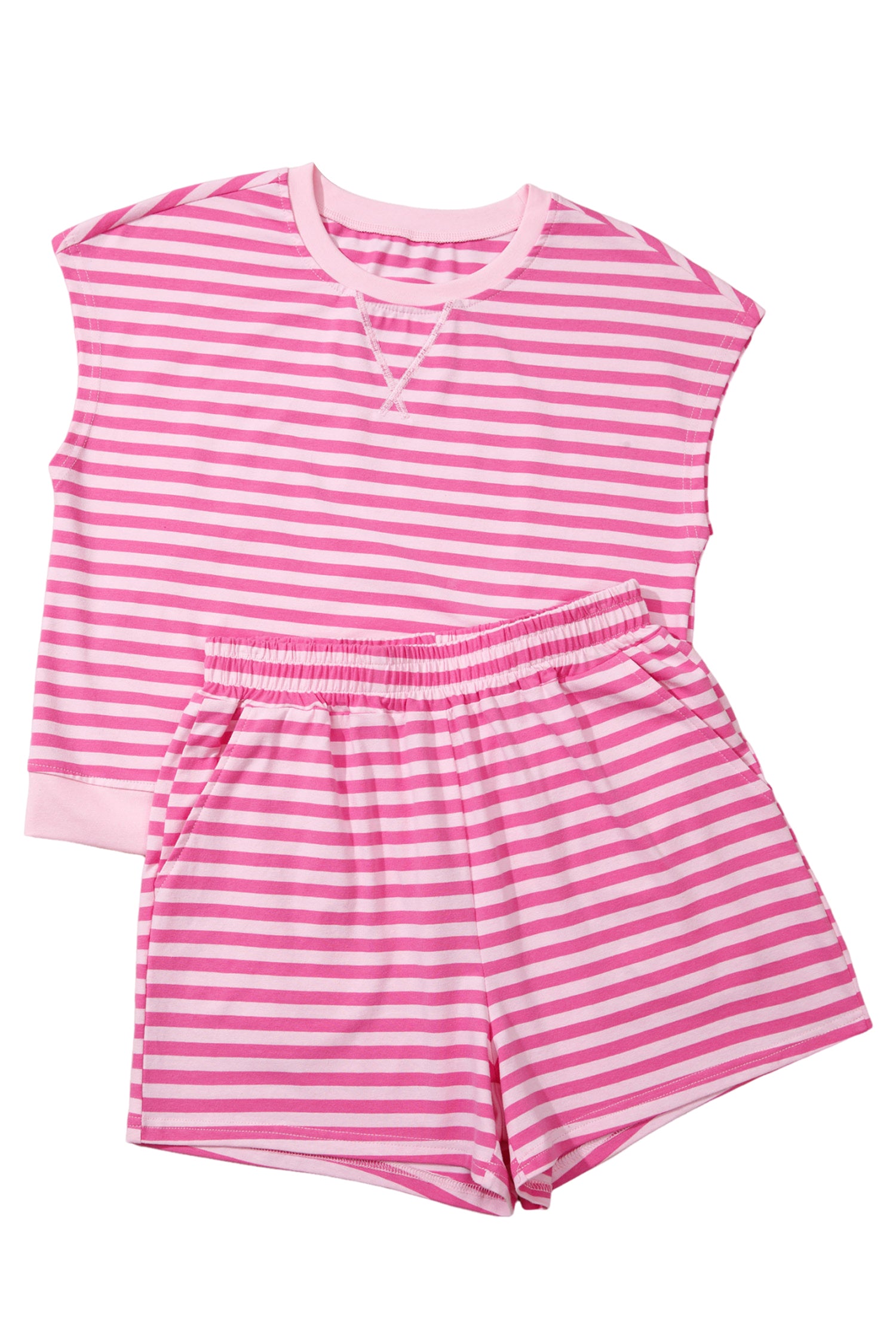 Pink Stripe Cap Sleeve Tee Elastic Waist Shorts 2pcs Outfit - Snoopy's Closet