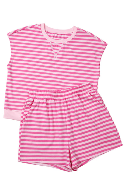 Pink Stripe Cap Sleeve Tee Elastic Waist Shorts 2pcs Outfit - Snoopy's Closet