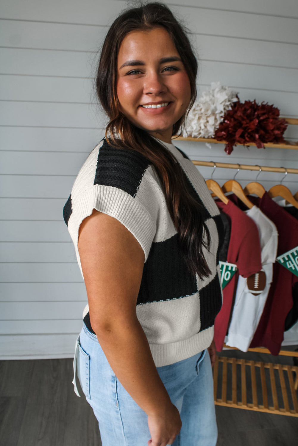 Light Blue Checkered Color Block Crew Neck Short Sleeve Sweater - Snoopy's Closet
