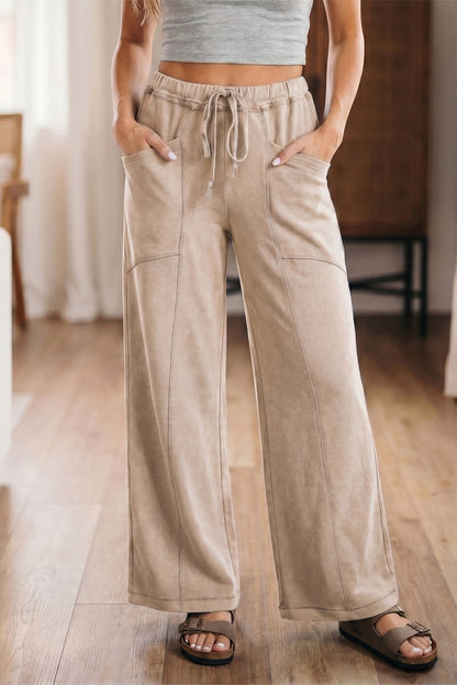 Pantalones Retro Western de Cintura Alta y Pierna Ancha con Cordón y Lavado Mineral Gris Humo