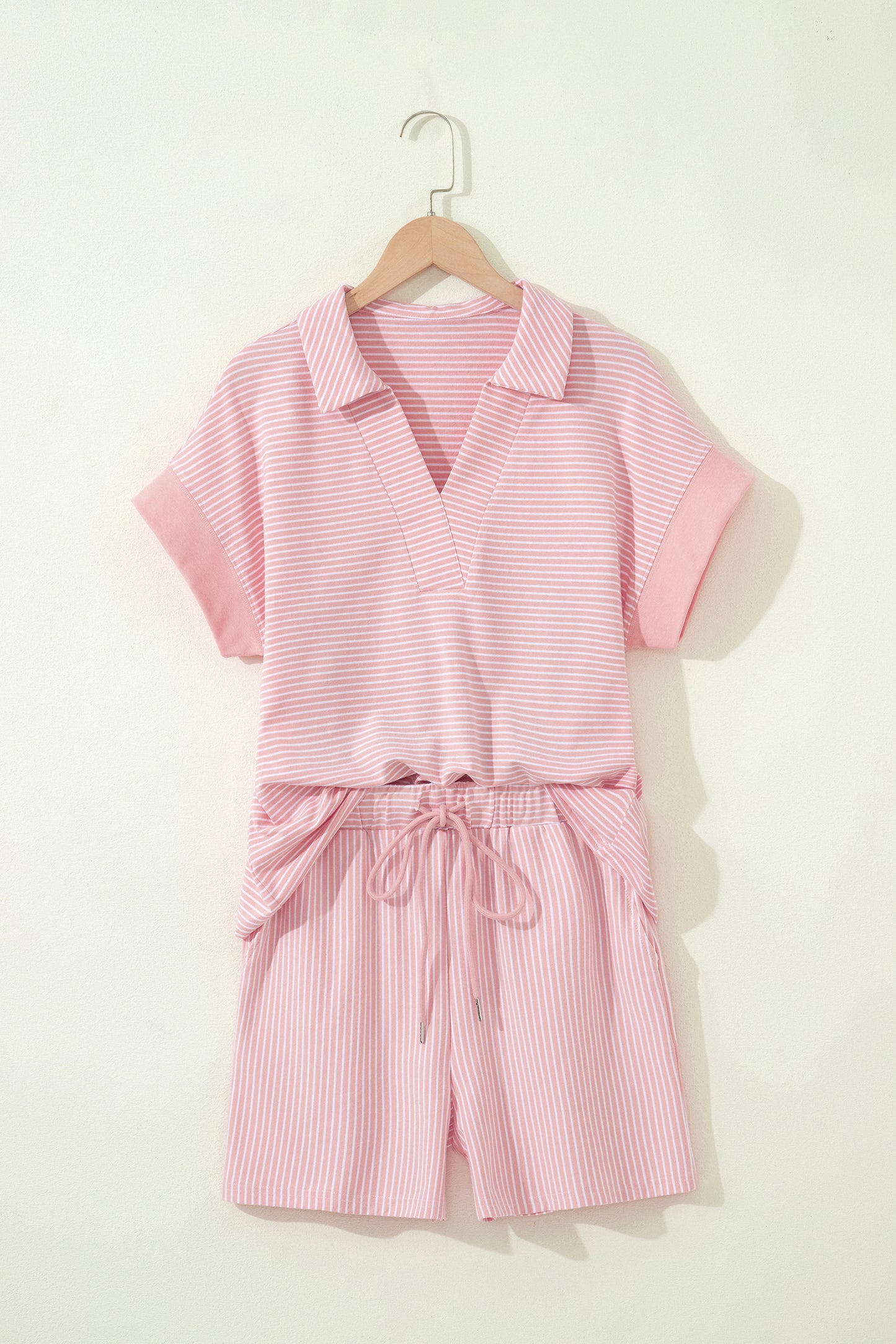 Pink Stripe Dolman Sleeve Polo Shirt and Drawstring Shorts Set - Snoopy's Closet