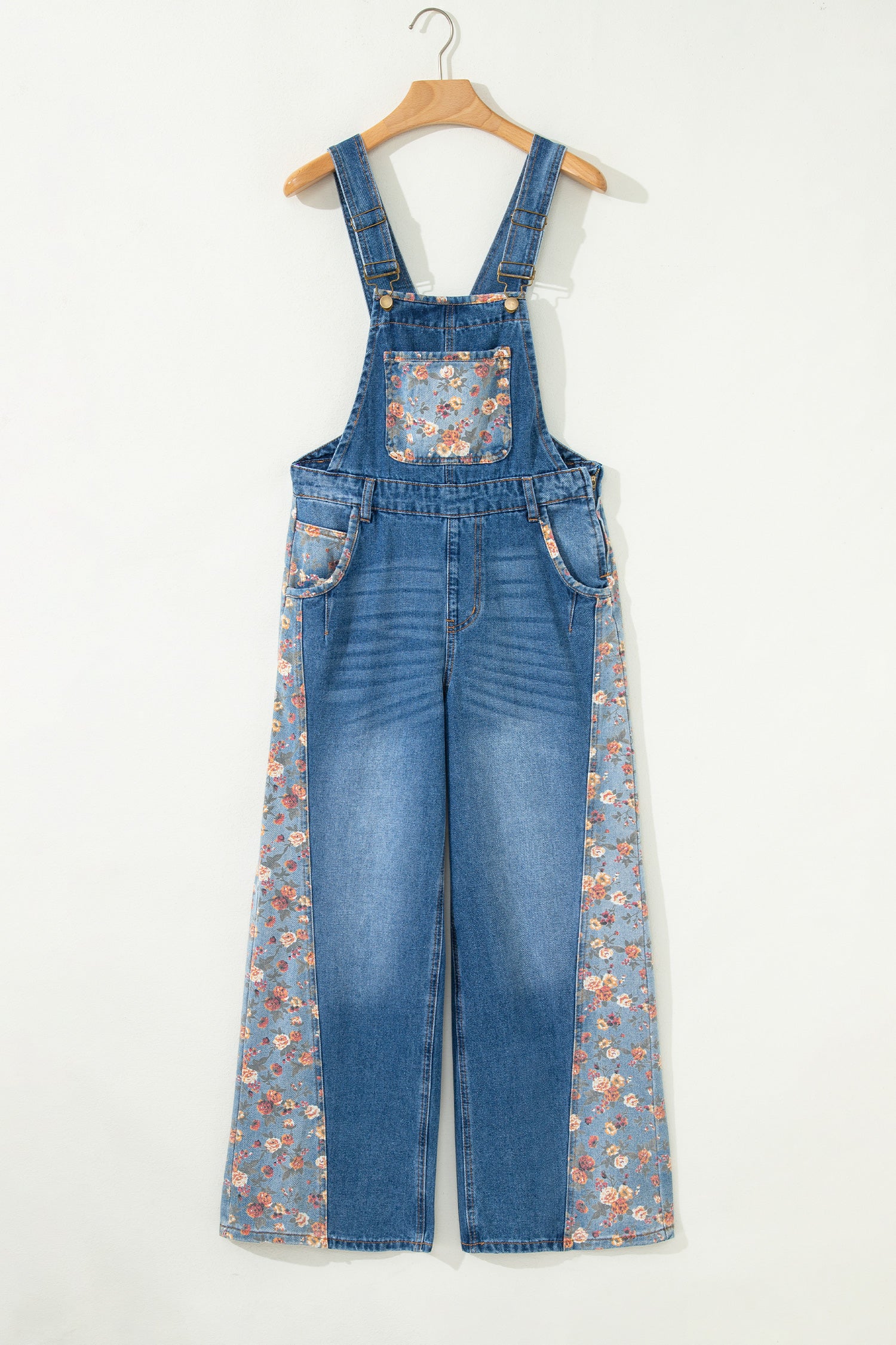 Peacock Blue Floral Patchwork Bib Denim Wide Leg Overalls - Snoopy's Closet