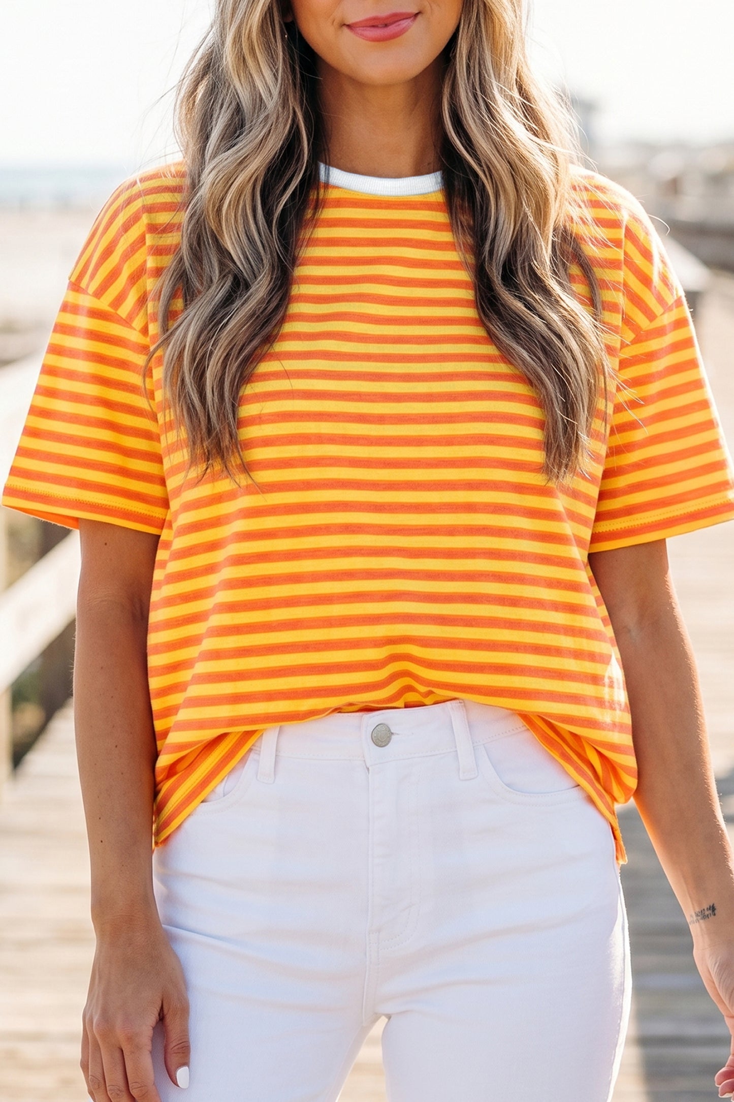 Orange Stripe Contrast Crew Neck Drop Shoulder Loose Tee - Snoopy's Closet