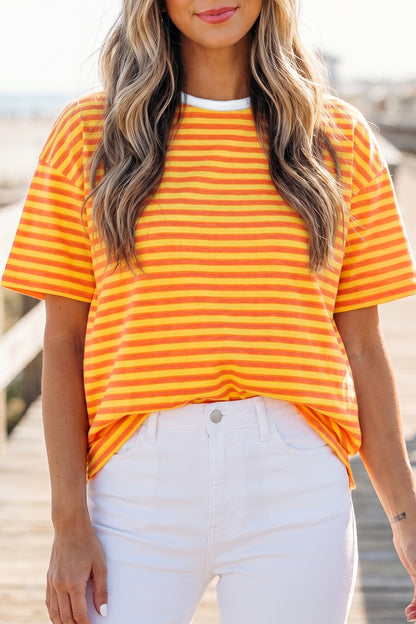 Orange Stripe Contrast Crew Neck Drop Shoulder Loose Tee - Snoopy's Closet