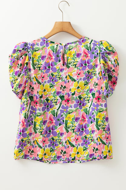 Purple Floral Print Puff Short Sleeve Crew Neck Blouse - Snoopy's Closet