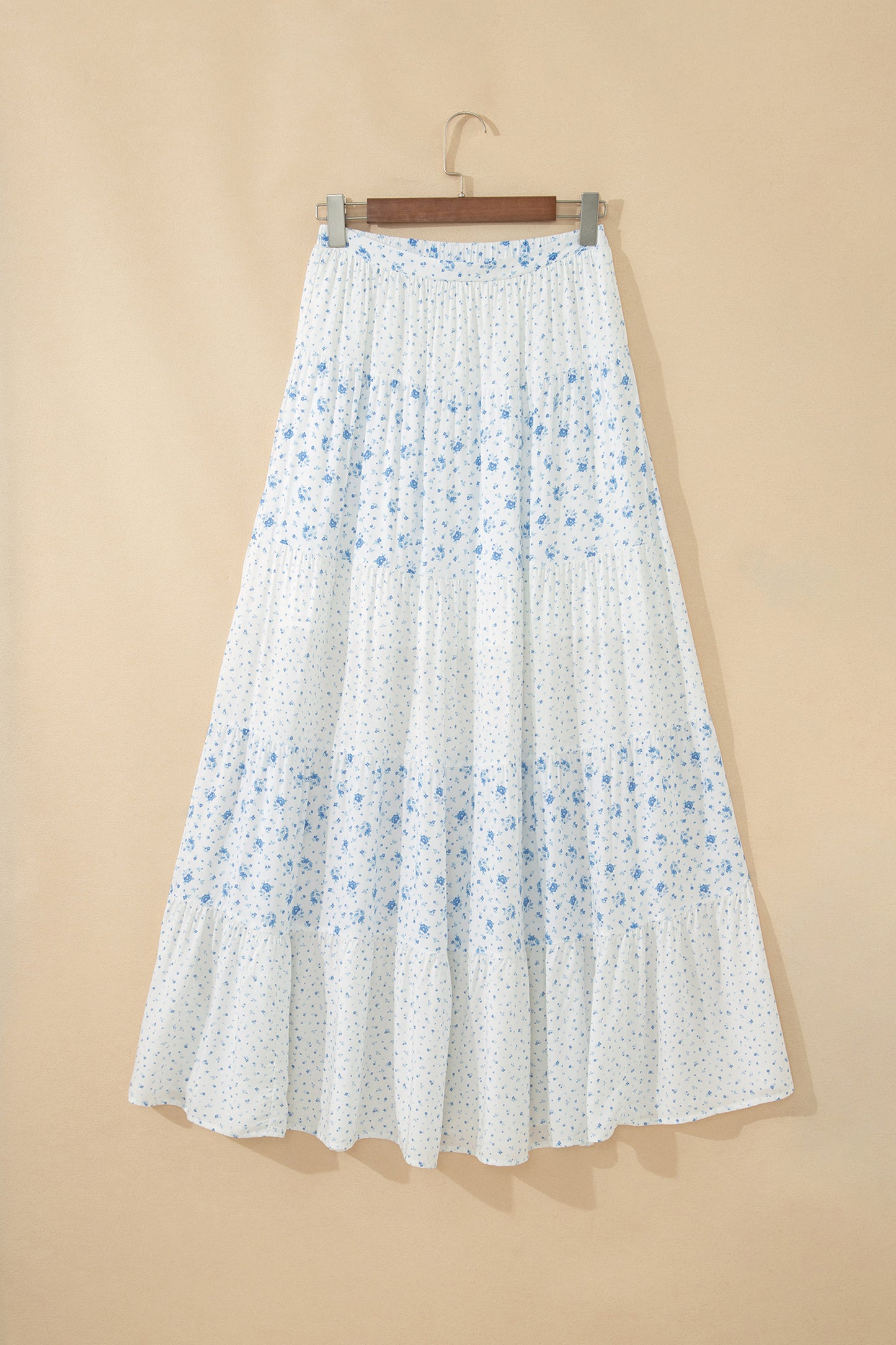 Falda larga bohemia de cintura alta azul cielo con estampado floral pequeño