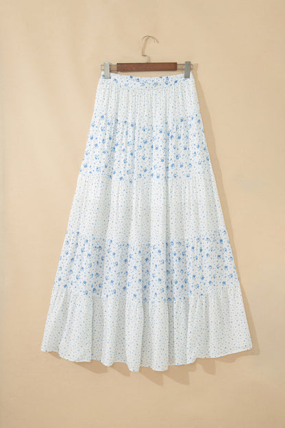 Falda larga bohemia de cintura alta azul cielo con estampado floral pequeño