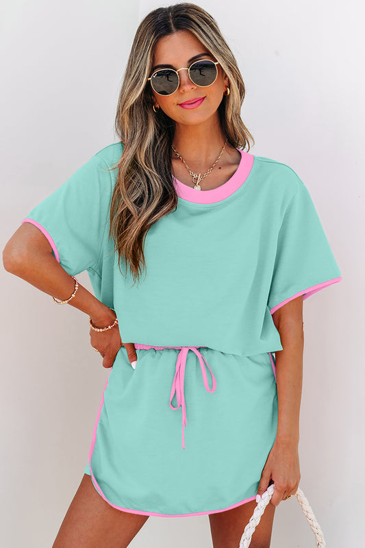Set de 2 piezas de camiseta de hombros caídos con bloques de color Moonlight Jade y falda pantalón