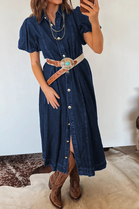 Sail Blue Full Buttons Collared Short Bubble Sleeve Long Denim Dress - Snoopy's Closet