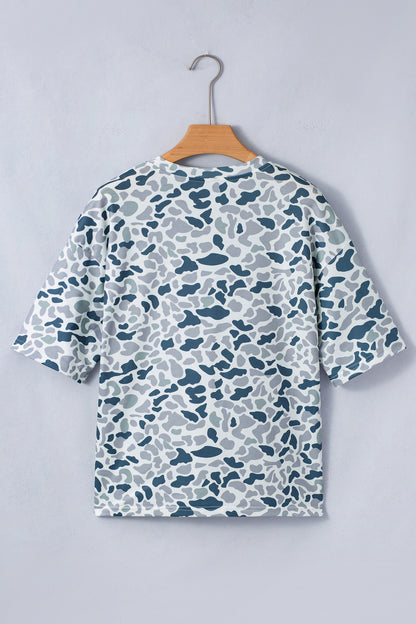 Gray Camouflage Print Single Chest Pocket V Neck Tee - Snoopy's Closet