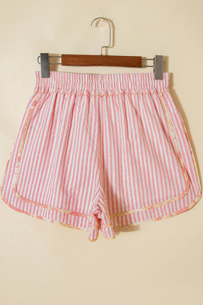 Pantalones cortos casuales de rayas con nudo y ribete floral rosa claro