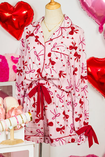 Red Bow Print Valentine Long Sleeve Shirt Shorts 2 Pcs Pajama Set - Snoopy's Closet