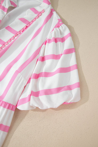 Pink Stripe Plus Size V Neck Short Puff Sleeve Tiered Maxi Dress - Snoopy's Closet