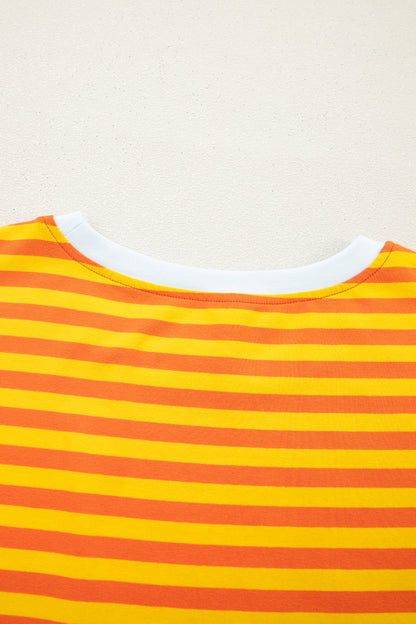 Orange Stripe Contrast Crew Neck Drop Shoulder Loose Tee - Snoopy's Closet