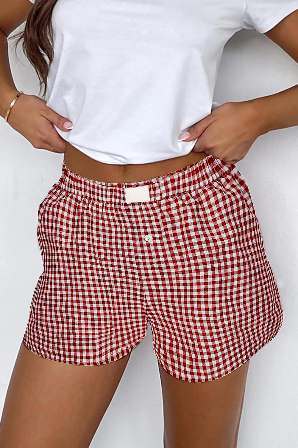 Red Gingham Printed High Waist Shorts - Snoopy's Closet