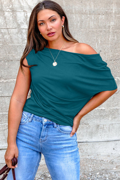 Blue Sapphire Plus Size Solid Color Asymmetric Neck Short Sleeve Blouse - Snoopy's Closet