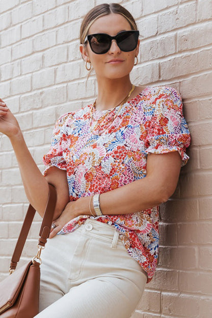 Multicolor Mix Floral Pattern Bubble Sleeve Blouse - Snoopy's Closet