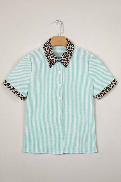 Green Stripe Leopard Contrast Collar Short Sleeve Shirt