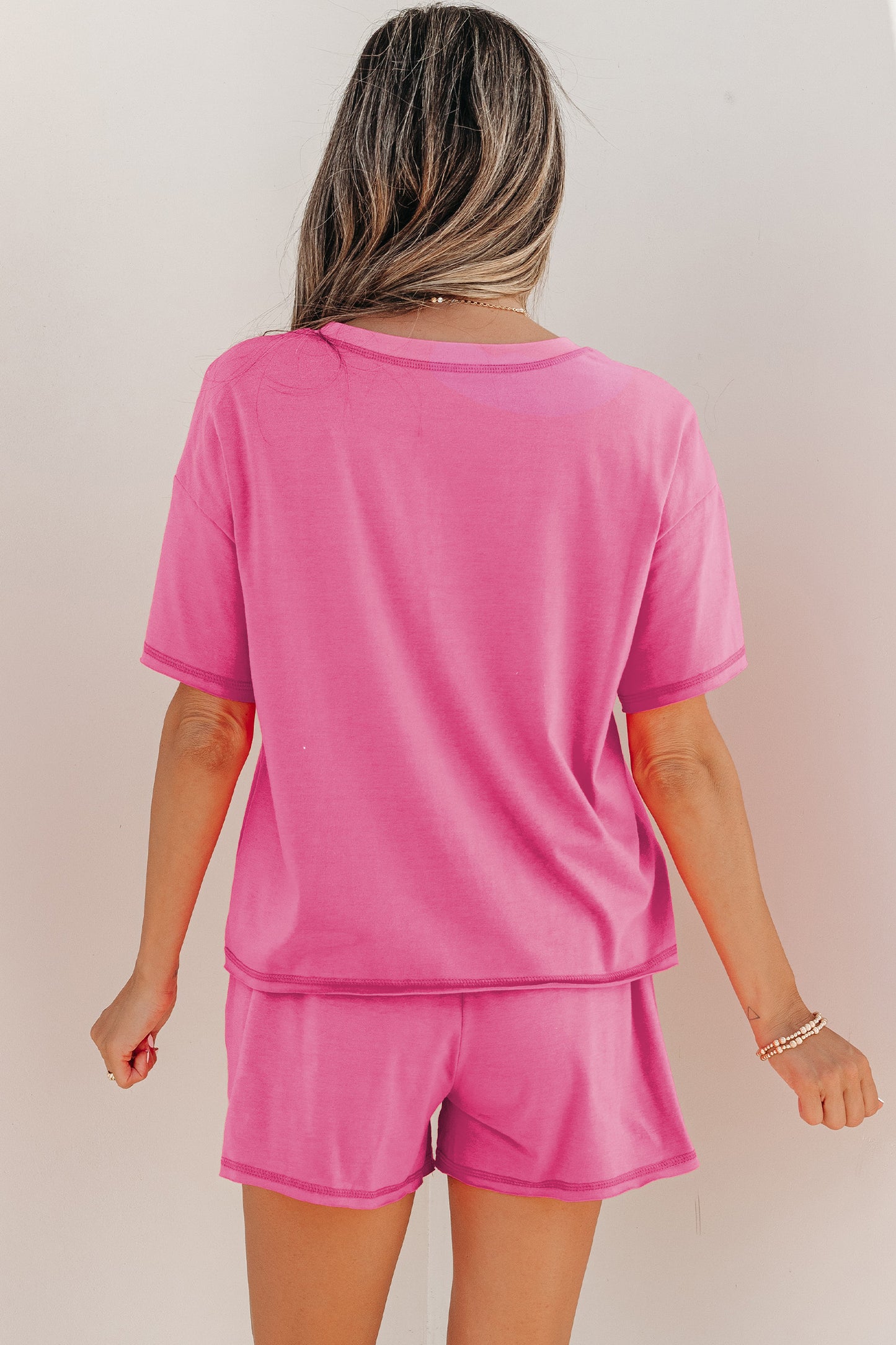 Bright Pink Seam Detail Raw Edge Tee Rainbow Waistband Casual Short Set - Snoopy's Closet