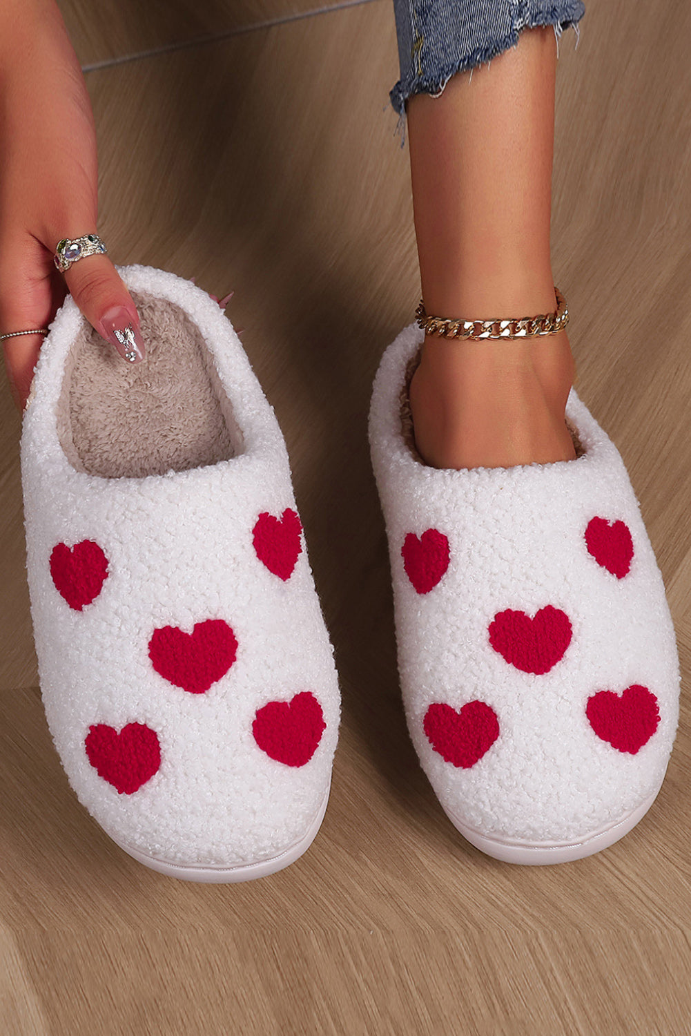 White Valentines Day Hearts Print Plush House Slippers - Snoopy's Closet