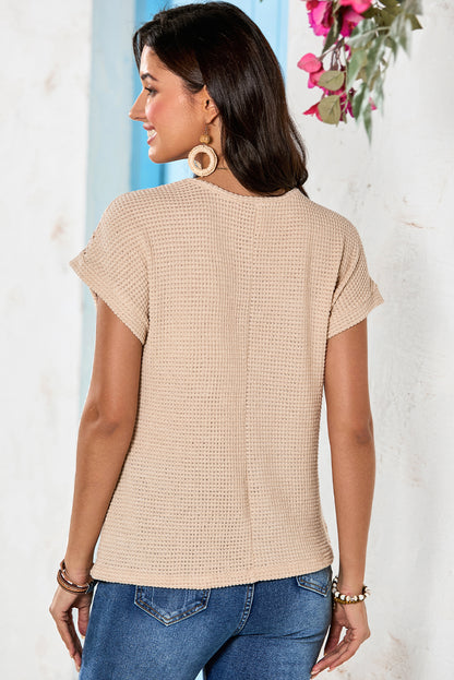 Oatmeal Lace Patchwork Waffle Short Sleeve Top - Snoopy's Closet