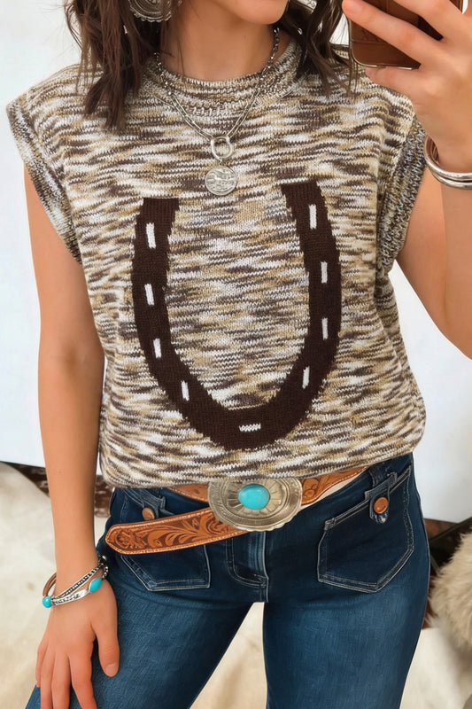 Brown Western Horseshoe Printed Round Neck Sweater Vest - Snoopy's Closet