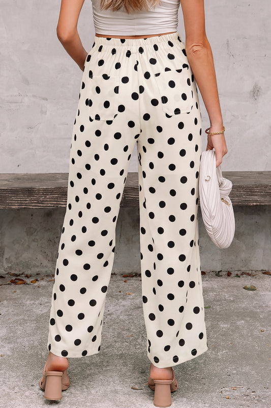 Pantalones de pernera recta de tiro medio con bolsillos de parche y estampado de lunares blancos