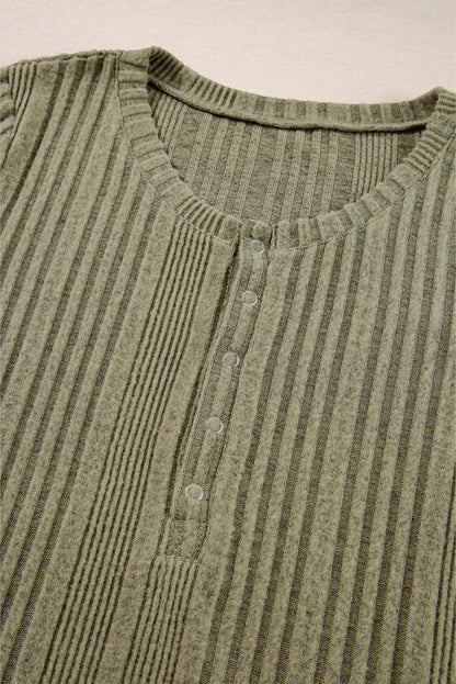 Jungle Green Ribbed Knit Half Button Slim Fit Blouse - Snoopy's Closet