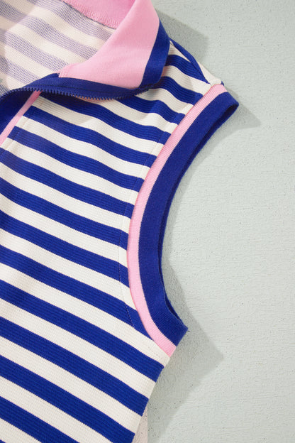 Dark Blue Textured Stripe Print Contrast Trim Zip Collar Sleeveless 2pcs Skort Set - Snoopy's Closet