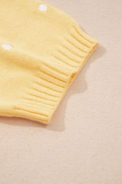 Suéter amarillo crema elegante de manga corta abullonada con lunares