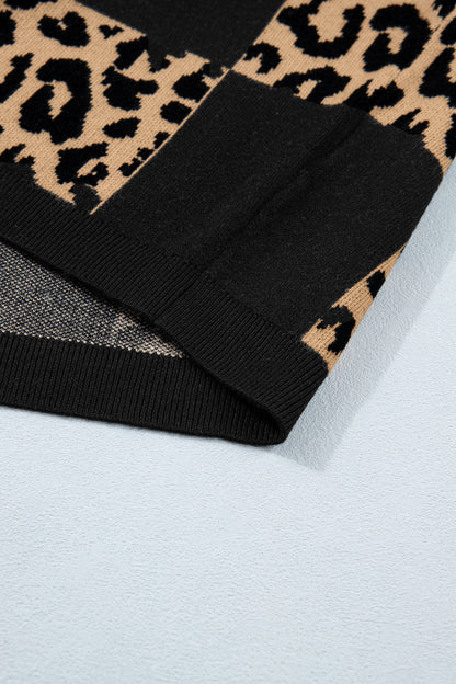 Suéter de punto de manga corta a cuadros de leopardo negro
