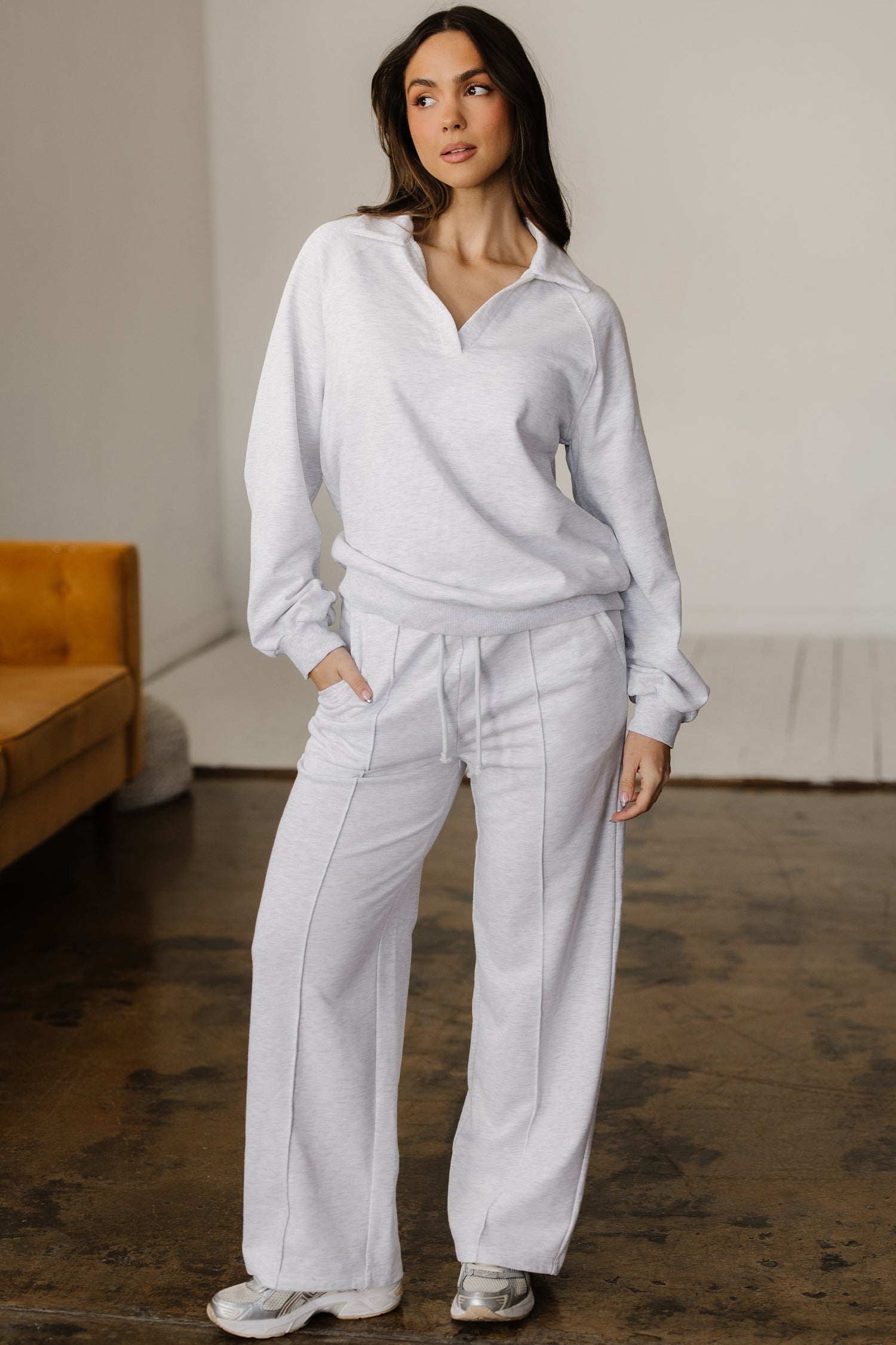 Light Grey Polo Collar V Neck Pullover and Drawstring Sweatpants Set - Snoopy's Closet