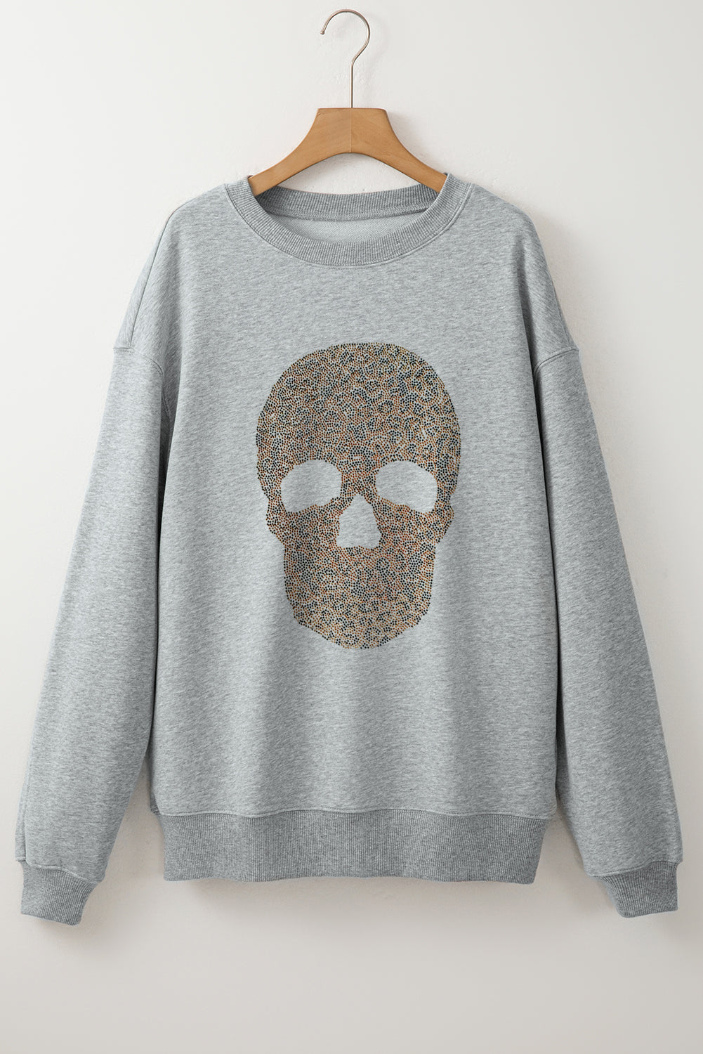 Light Grey Rhinestone Skull Graphic Drop Shoulder Sweatshirt - Snoopy's Closet