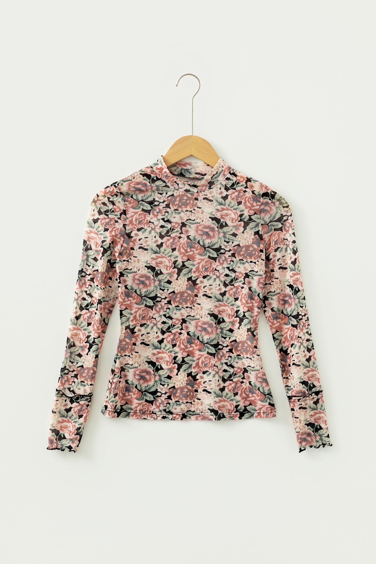 White Retro Floral Print Mock Neck Mesh Long Sleeve Top - Snoopy's Closet