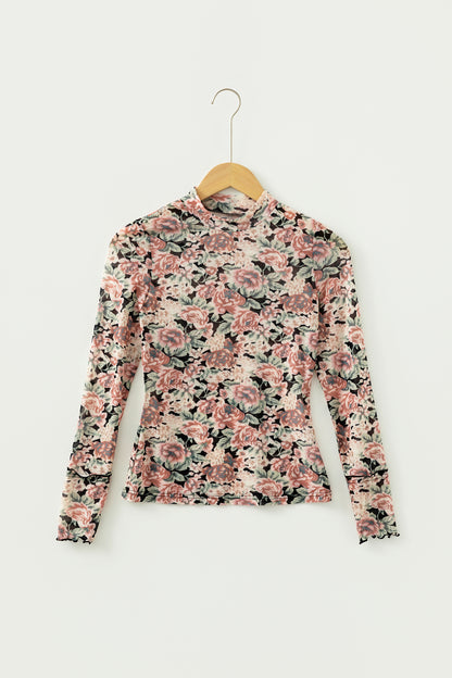 White Retro Floral Print Mock Neck Mesh Long Sleeve Top - Snoopy's Closet