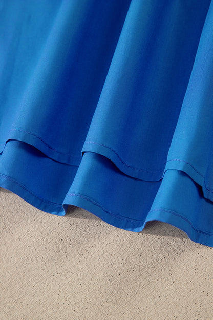Blusa de manga corta con volantes, cuello con volantes a rayas azul cielo