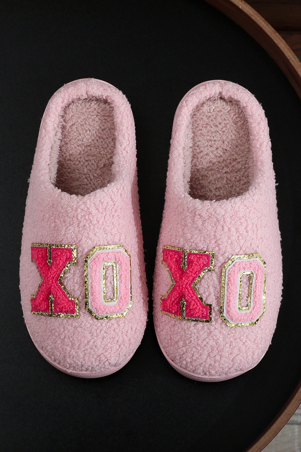 Pink XO XO Glitter Trim Letter Patched Plush House Slippers - Snoopy's Closet