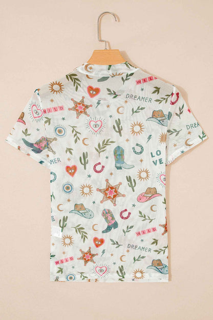 White LOVE WILD DREAMER Western Print Sheer Mesh Top