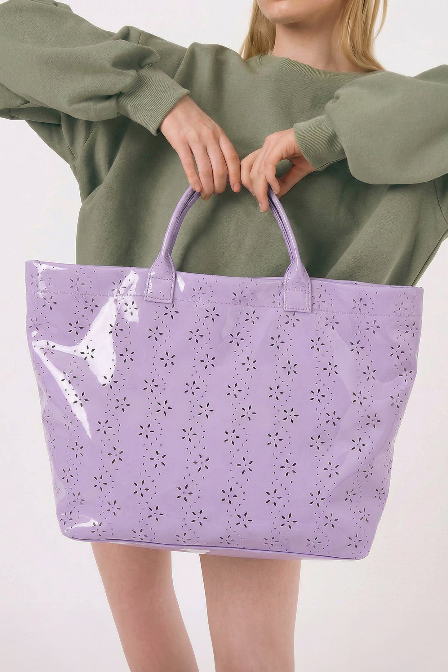 Bolso tote impermeable brillante de PVC con diseño de flores de orquídea con ojales
