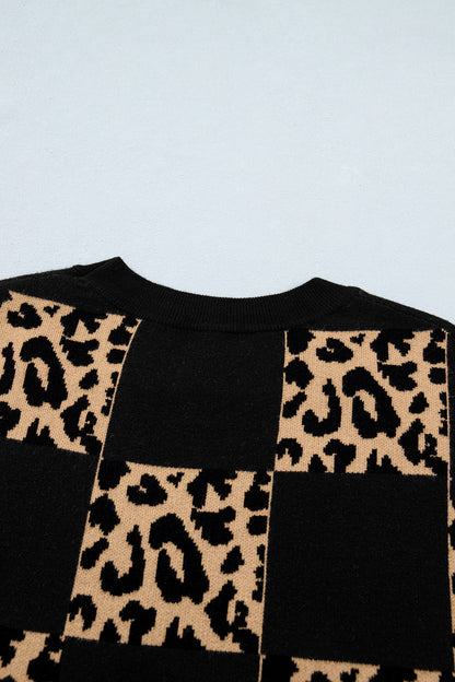 Suéter de punto de manga corta a cuadros de leopardo negro