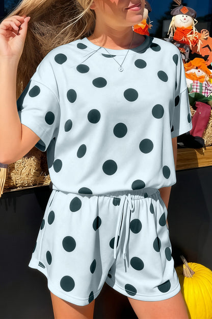 Sky Blue Polka Dot Print Loose Tee Drawstring Elastic Waist Short Set - Snoopy's Closet