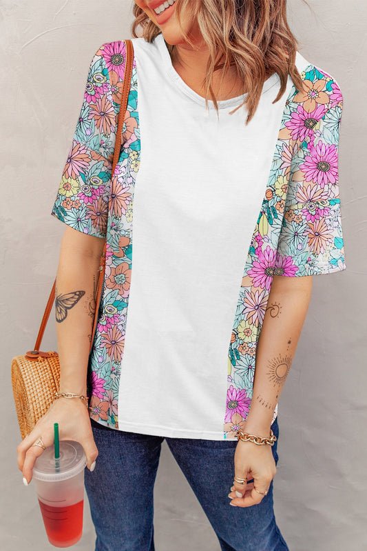 White Floral Print Patchwork Short Sleeve Top - Snoopy's Closet