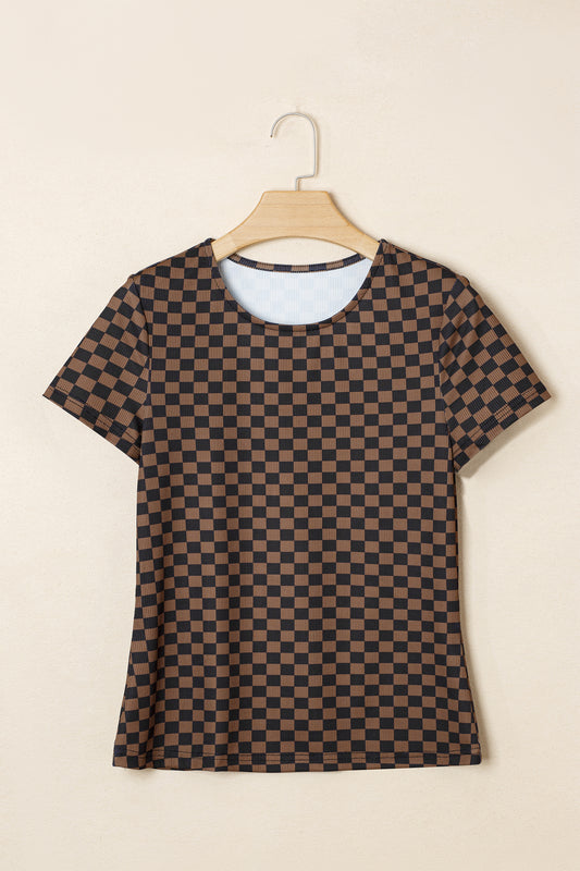 Black Checkerboard Round Neck Summer T Shirt - Snoopy's Closet