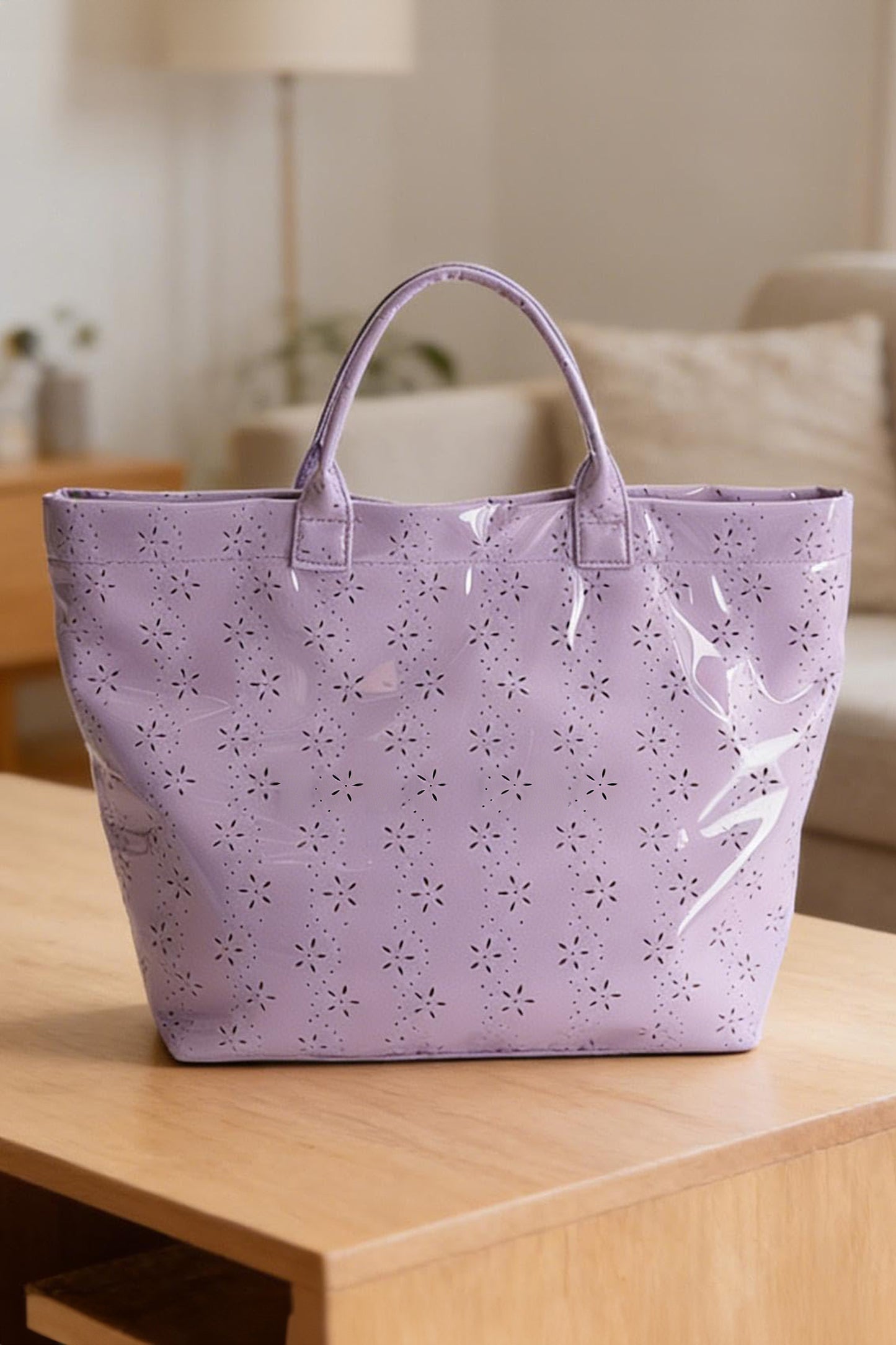 Bolso tote impermeable brillante de PVC con diseño de flores de orquídea con ojales