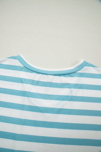 Sky Blue Stripe V Neck Patched Pocket Casual T Shirt - Snoopy's Closet
