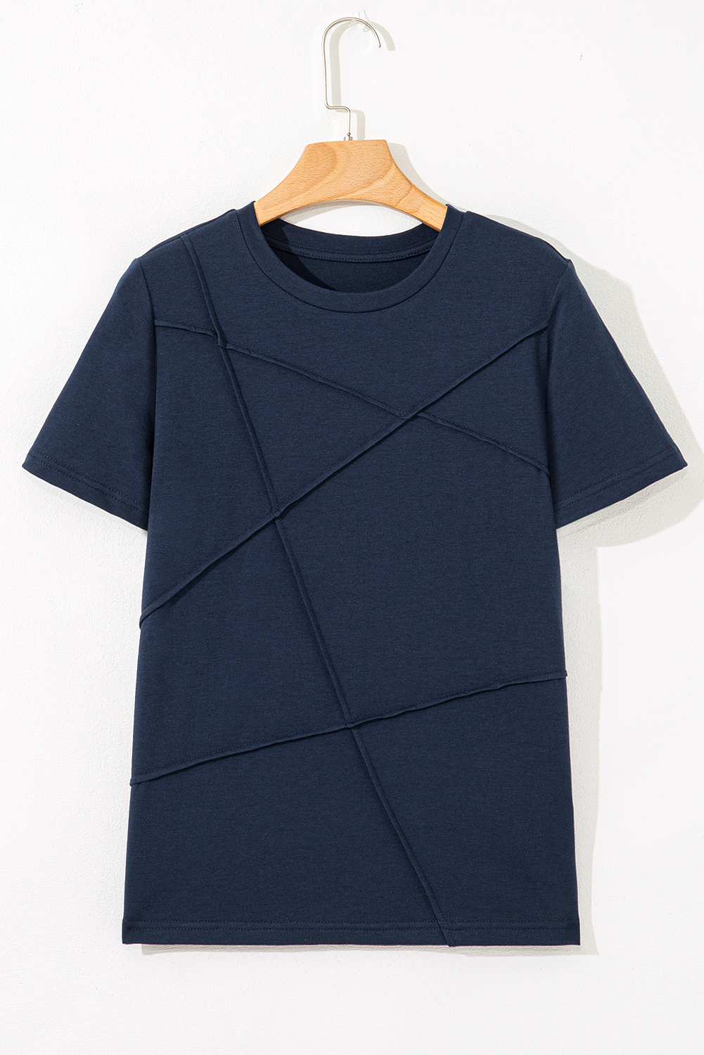 Dirty blue Solid Color Toothpick Stripe Round Neck T Shirt - Snoopy's Closet