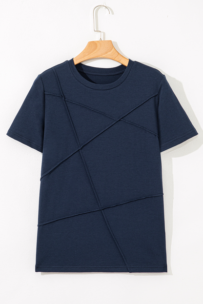 Dirty blue Solid Color Toothpick Stripe Round Neck T Shirt - Snoopy's Closet