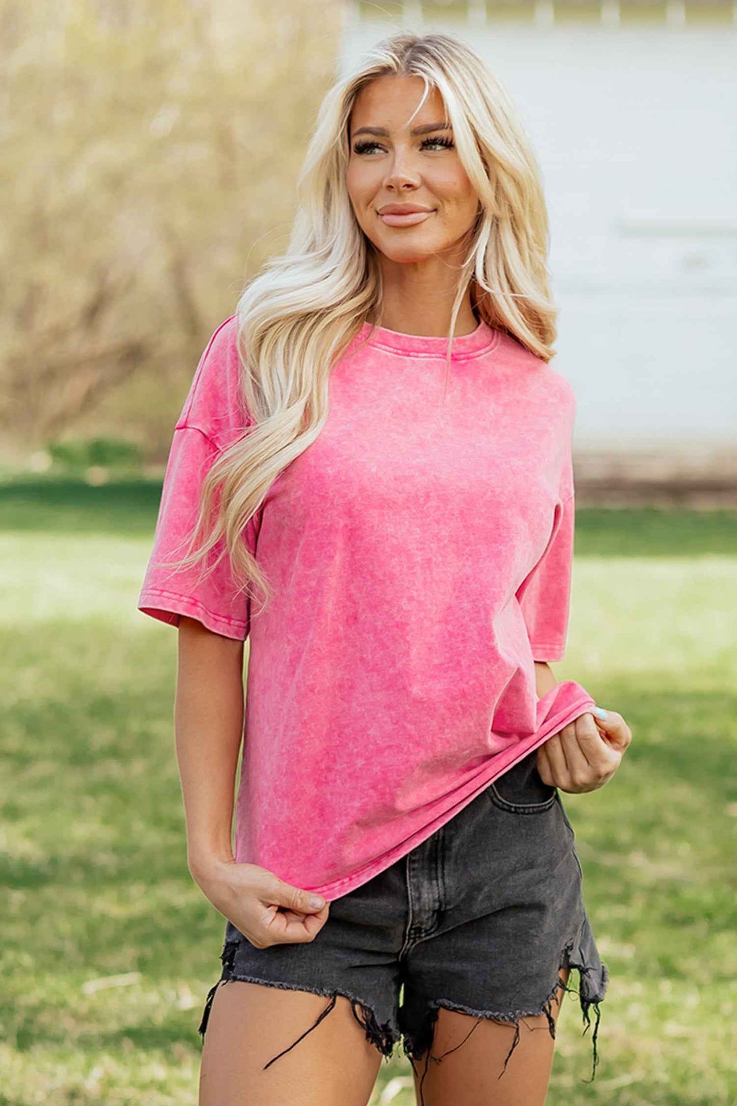 Dark Grey Solid Color Cotton Mineral Washed Oversize Tee