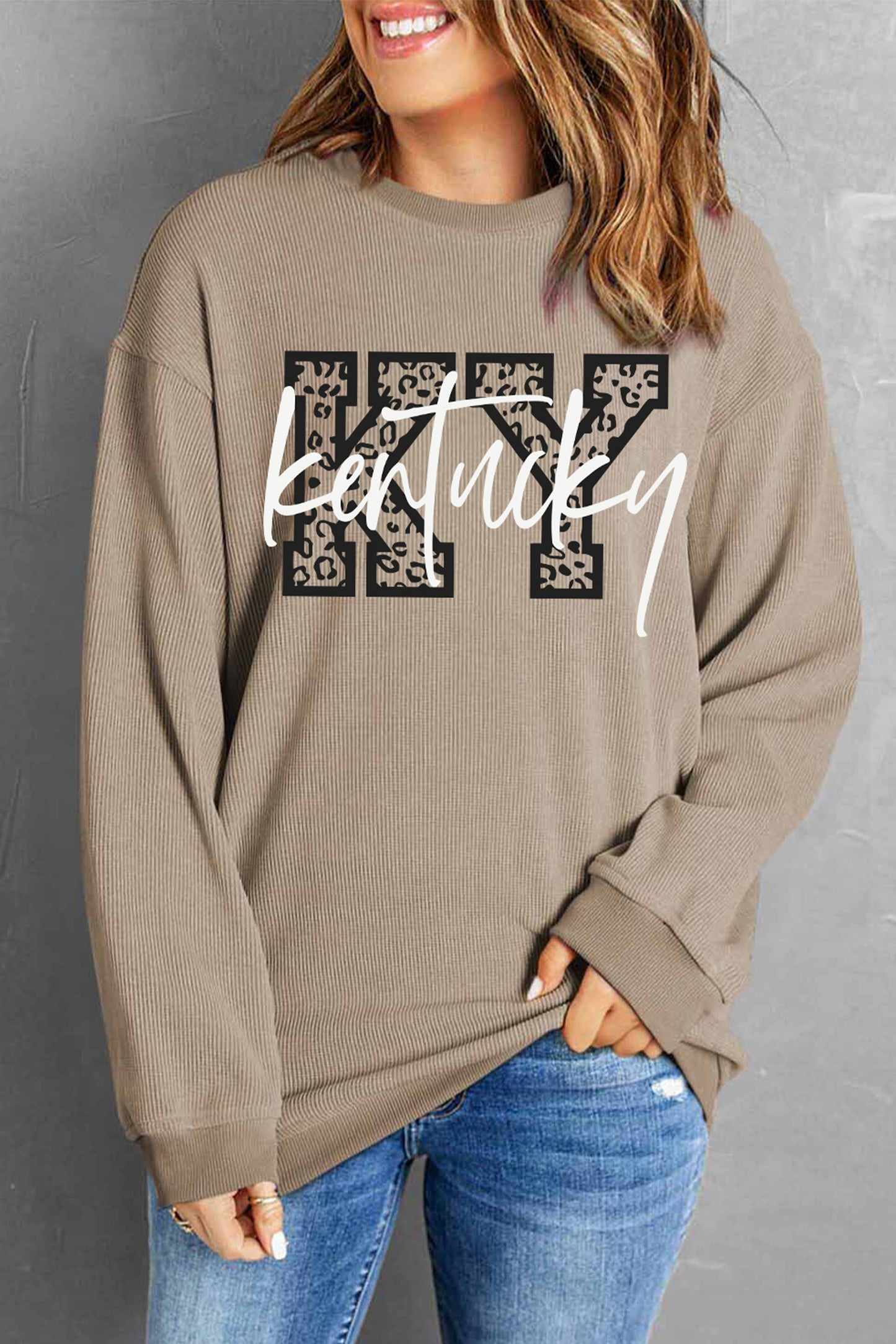 Khaki Kentucky KY Leopard Lettering Ribbed Baggy Sweatshirt - Snoopy's Closet