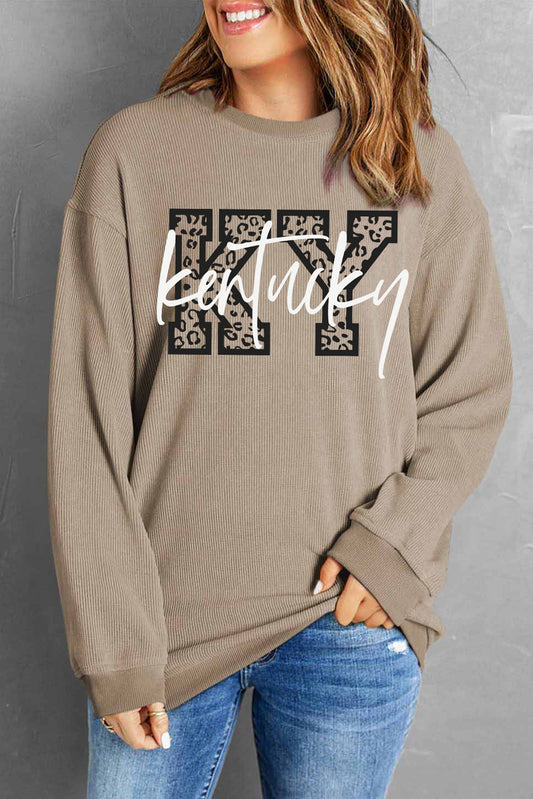Khaki Kentucky KY Leopard Lettering Ribbed Baggy Sweatshirt - Snoopy's Closet